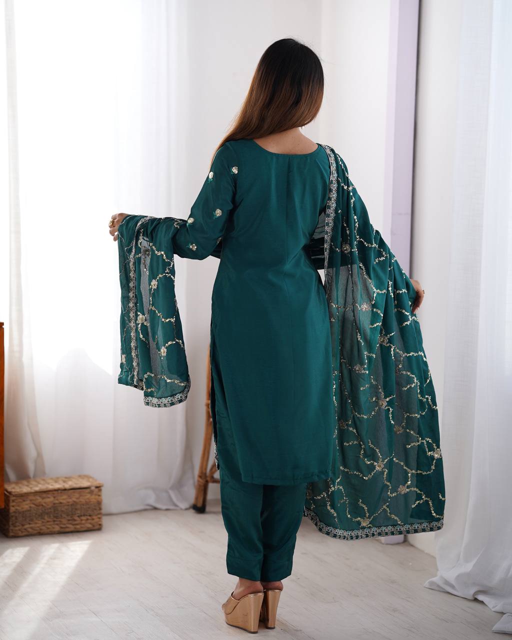 Function Wear Teal Color Chinon Silk And Sequence Work Beautiful Salwar Suit