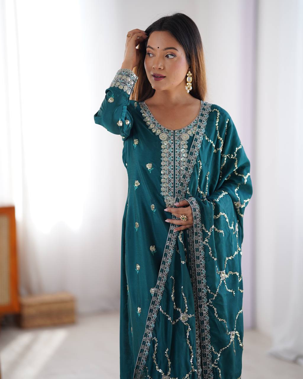 Function Wear Teal Color Chinon Silk And Sequence Work Beautiful Salwar Suit