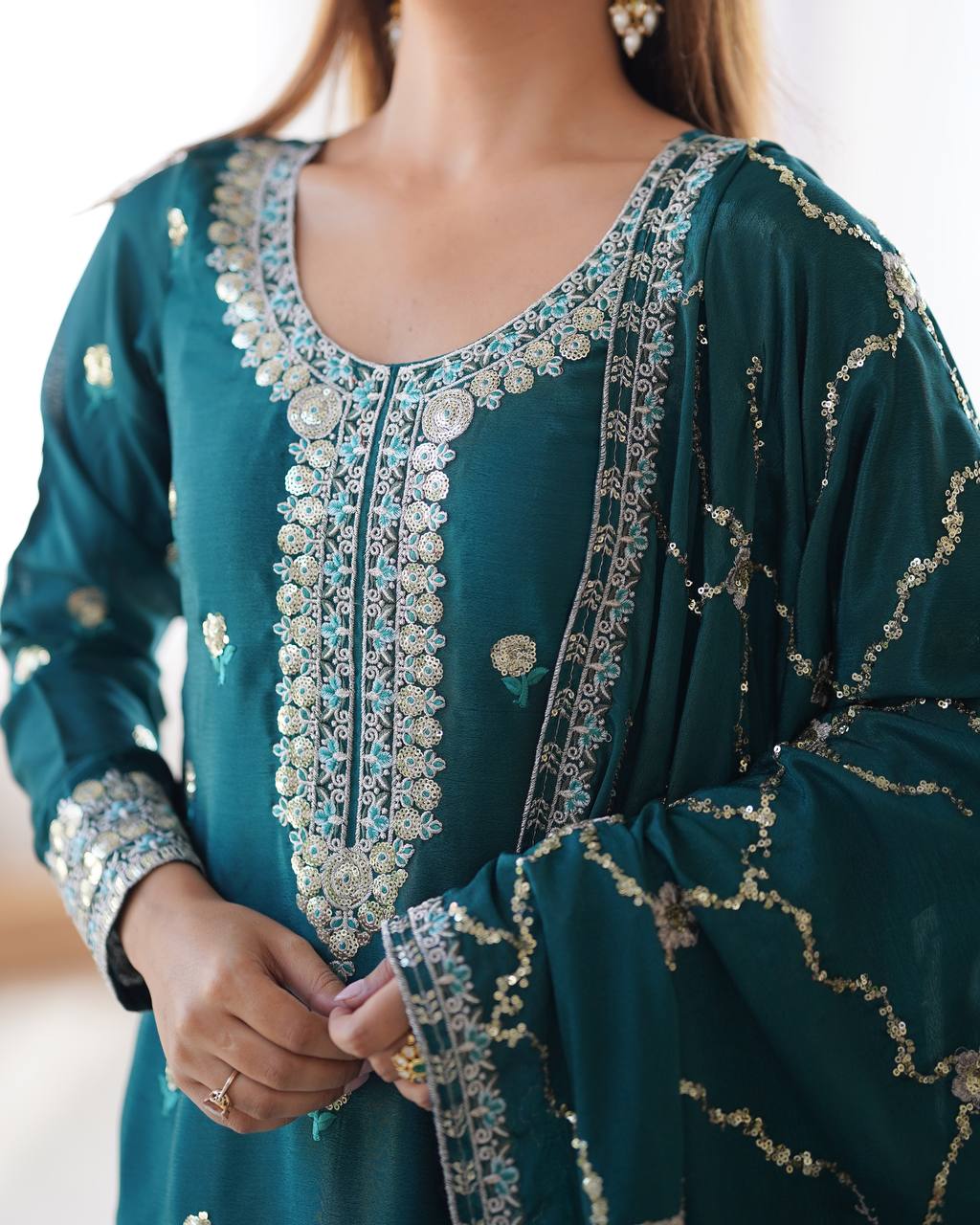 Function Wear Teal Color Chinon Silk And Sequence Work Beautiful Salwar Suit