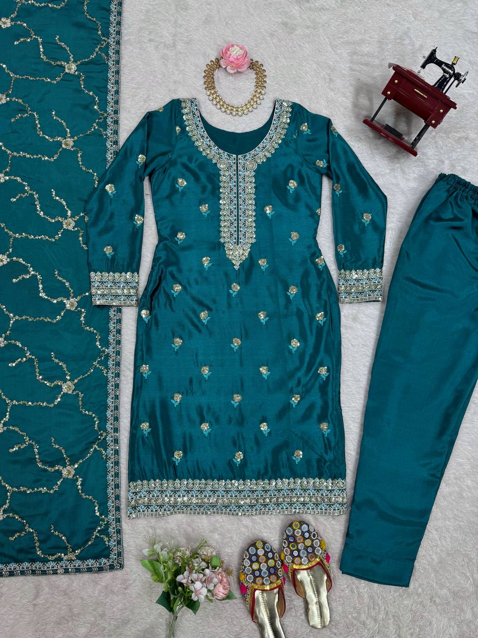 Function Wear Teal Color Chinon Silk And Sequence Work Beautiful Salwar Suit