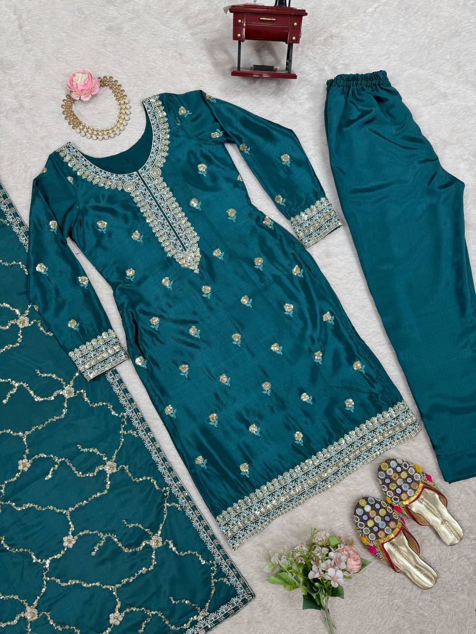 Function Wear Teal Color Chinon Silk And Sequence Work Beautiful Salwar Suit