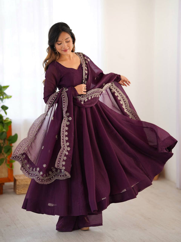Designer Party Wear Look Wine Color Heavy Fandy Silk Gown