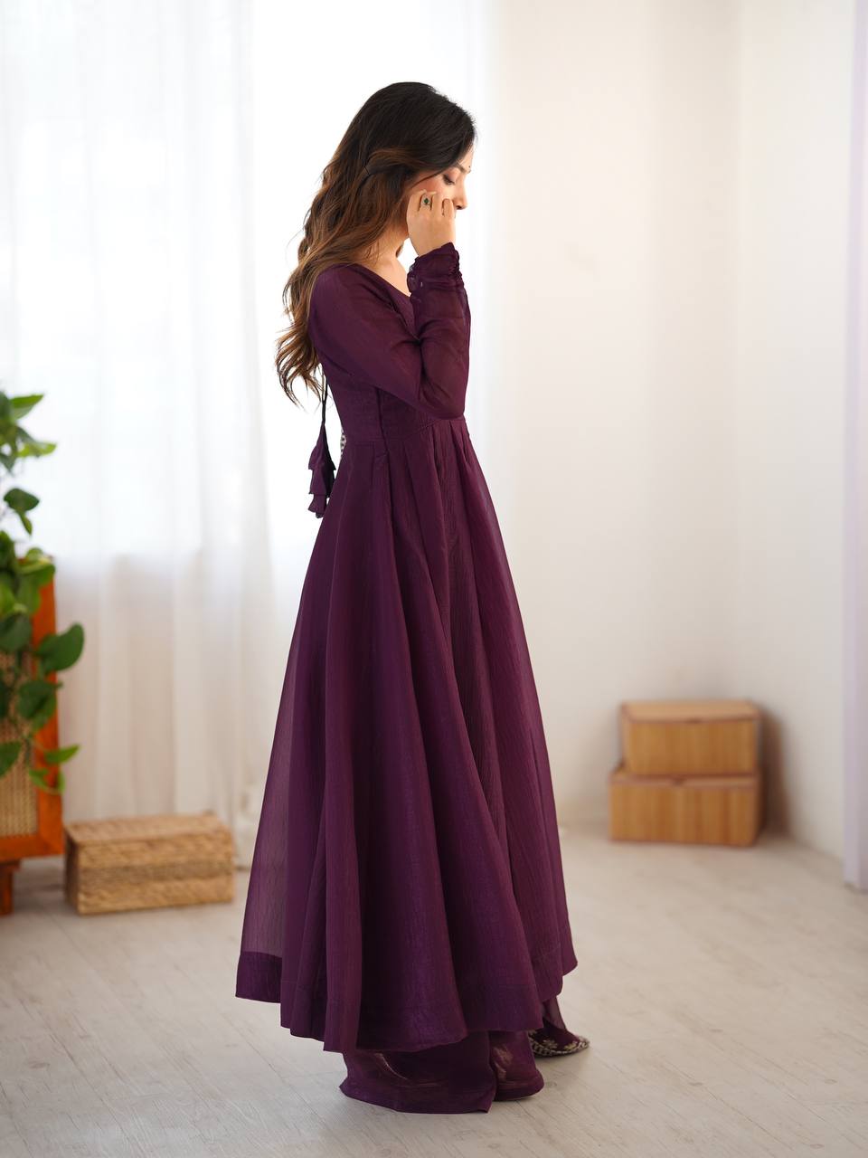 Designer Party Wear Look Wine Color Heavy Fandy Silk Gown