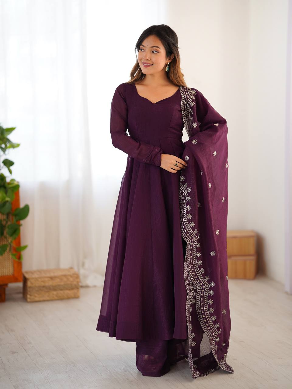 Designer Party Wear Look Wine Color Heavy Fandy Silk Gown