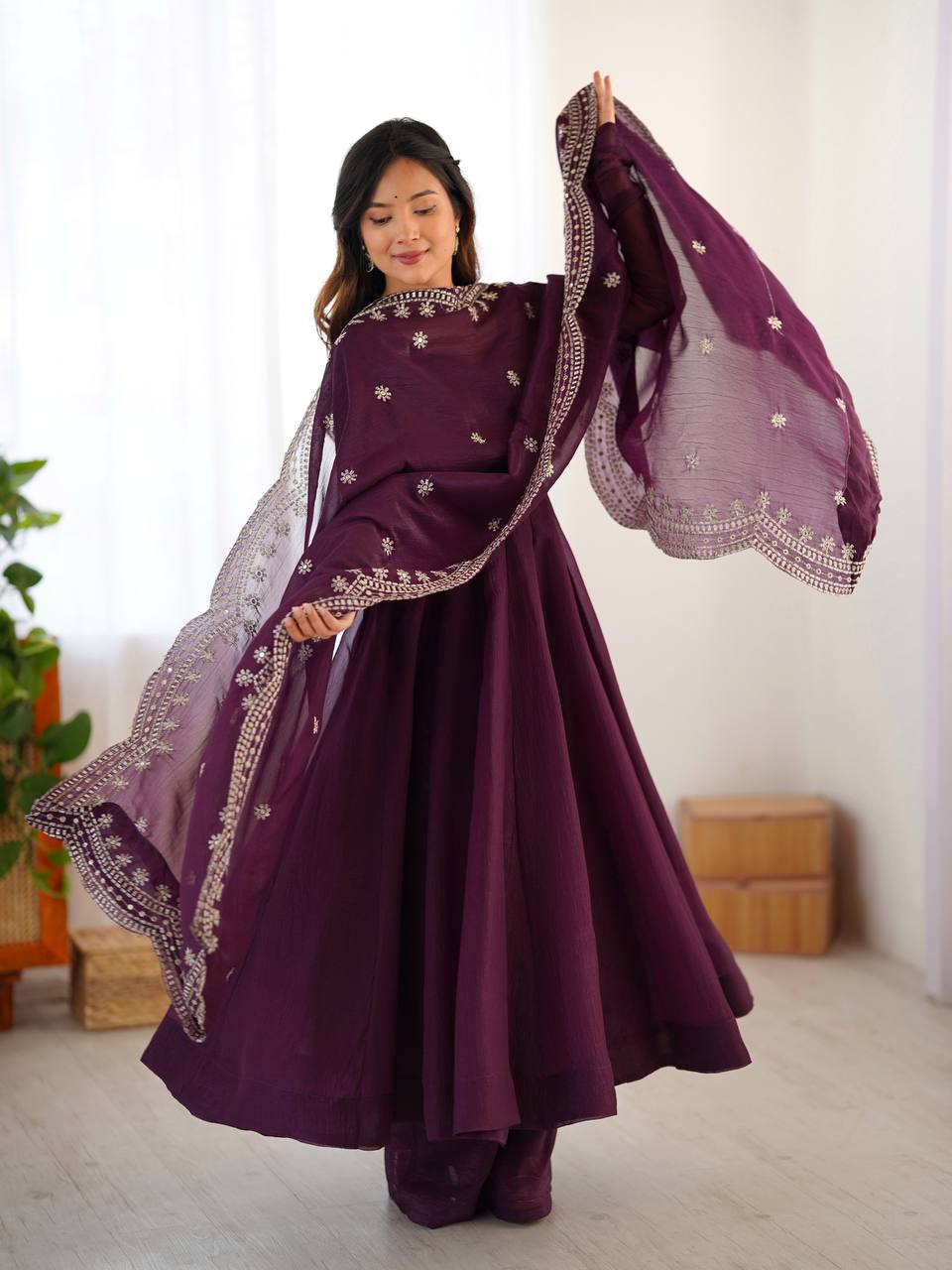 Designer Party Wear Look Wine Color Heavy Fandy Silk Gown