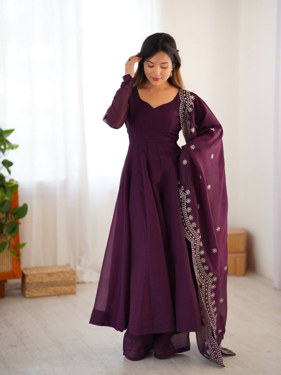 Designer Party Wear Look Wine Color Heavy Fandy Silk Gown