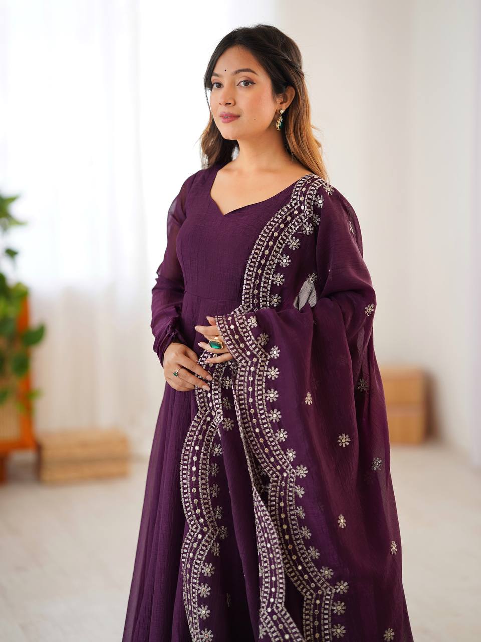 Designer Party Wear Look Wine Color Heavy Fandy Silk Gown