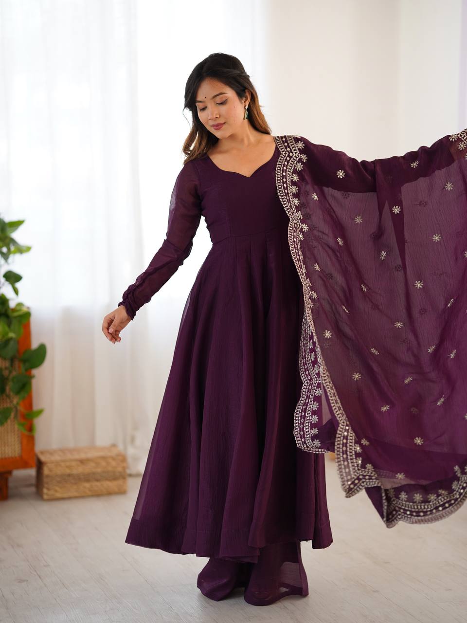 Designer Party Wear Look Wine Color Heavy Fandy Silk Gown