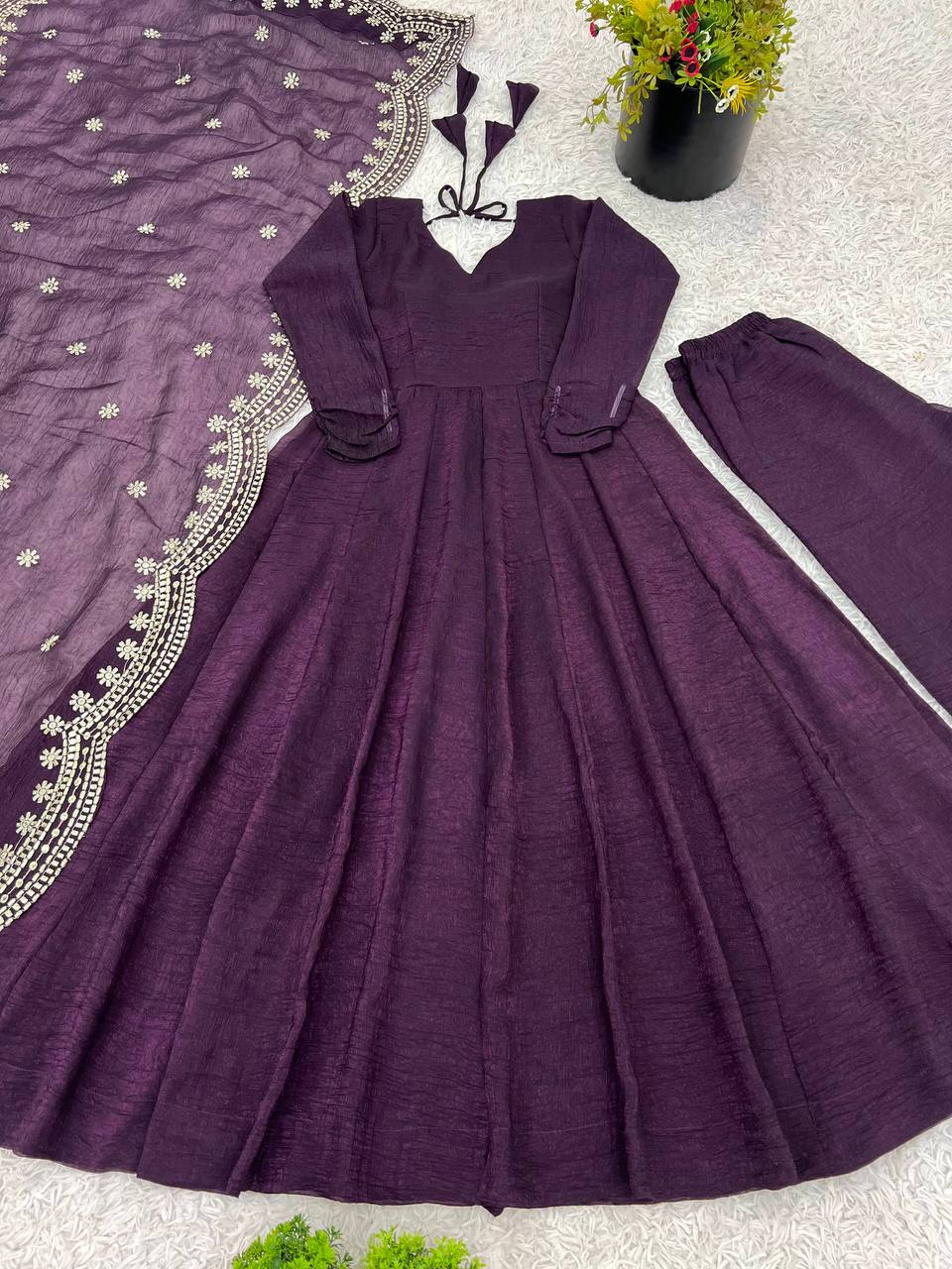 Designer Party Wear Look Wine Color Heavy Fandy Silk Gown