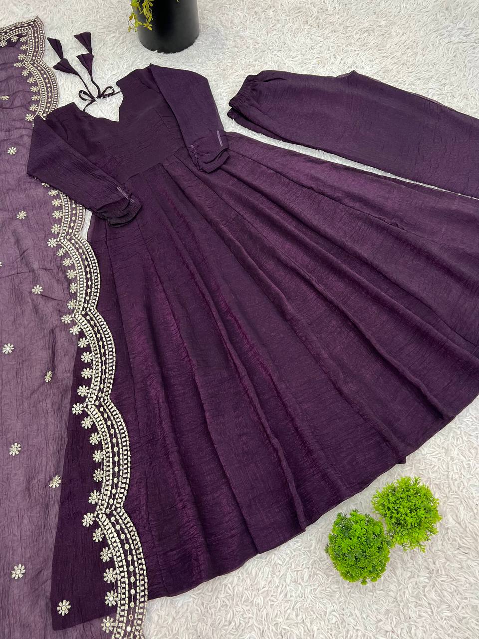 Designer Party Wear Look Wine Color Heavy Fandy Silk Gown