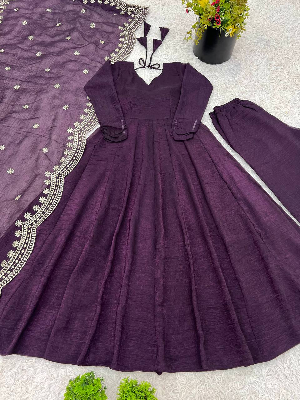 Designer Party Wear Look Wine Color Heavy Fandy Silk Gown