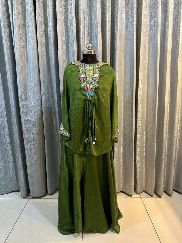 Beautiful Green Color Heavy Chinon With Embroidery Sequins Work Palazzo Suit