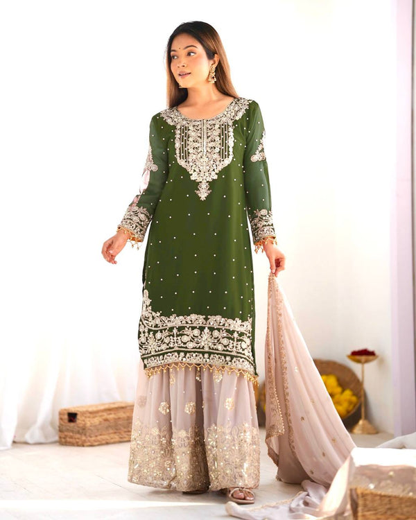Traditional Wear Green Color Heavy Faux Georgette With Heavy Embroidery Work Palazzo Suit