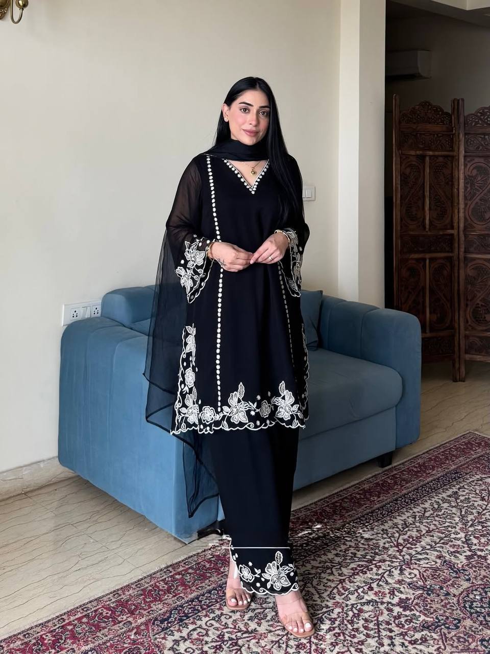 Wedding Wear Embroidered Black Color Designer Palazzo Suit