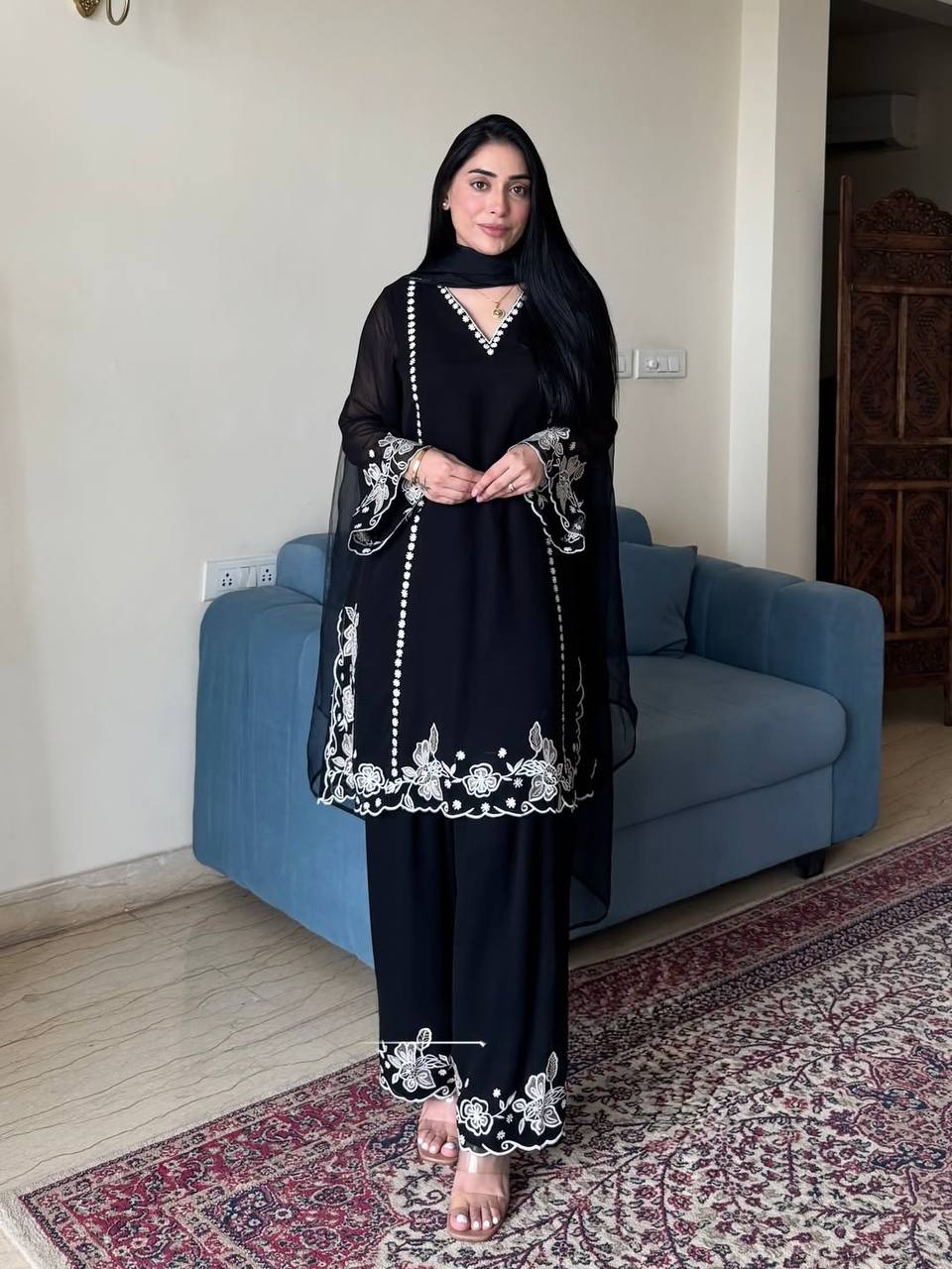 Wedding Wear Embroidered Black Color Designer Palazzo Suit