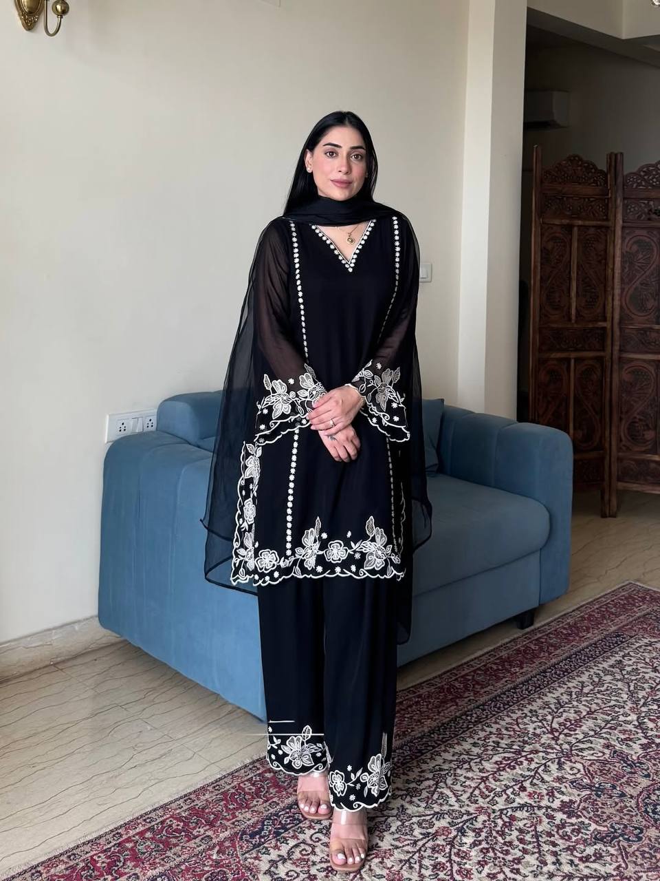Wedding Wear Embroidered Black Color Designer Palazzo Suit