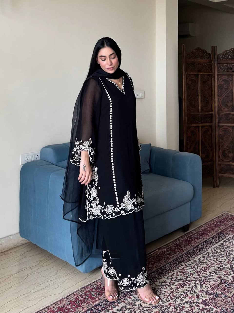 Wedding Wear Embroidered Black Color Designer Palazzo Suit