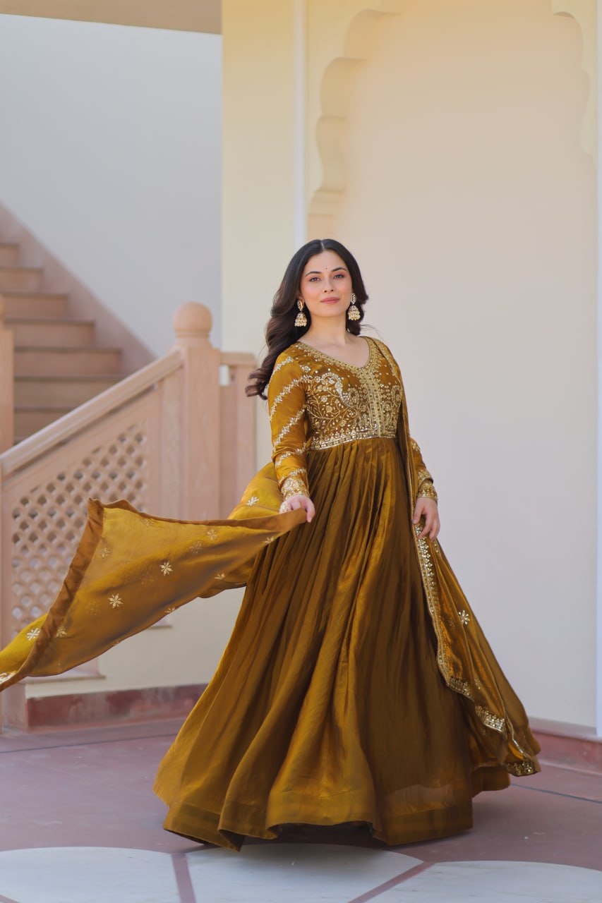 Occasion Wear Mahendi Color Zari And Sequins Embroidered Work Designer Gown