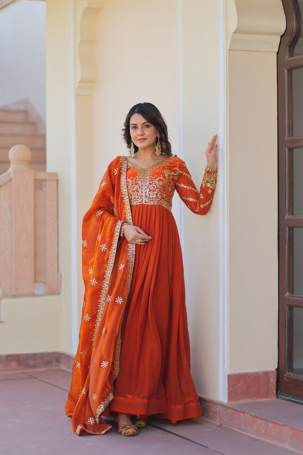 Occasion Wear Fanta Color Zari And Sequins Embroidered Work Designer Gown