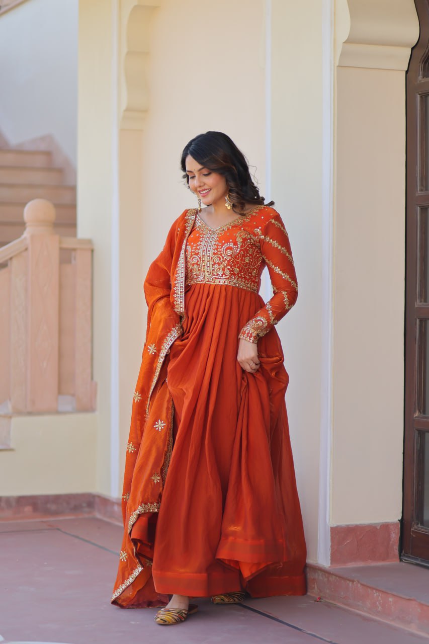 Occasion Wear Fanta Color Zari And Sequins Embroidered Work Designer Gown