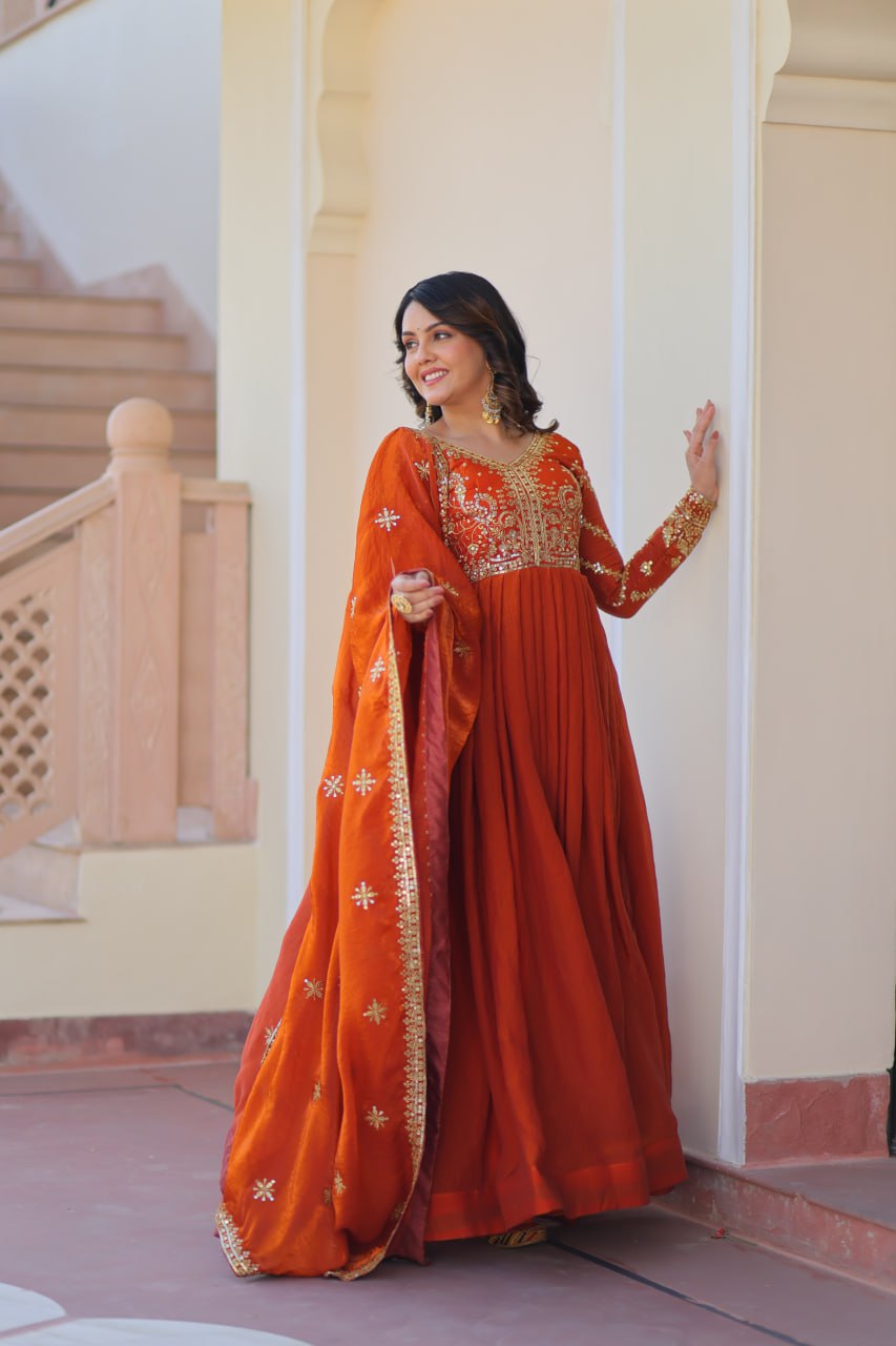 Occasion Wear Fanta Color Zari And Sequins Embroidered Work Designer Gown