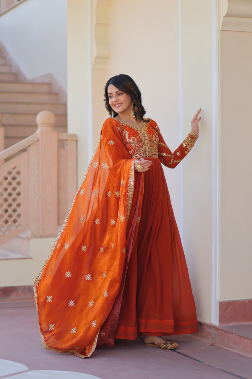 Occasion Wear Fanta Color Zari And Sequins Embroidered Work Designer Gown