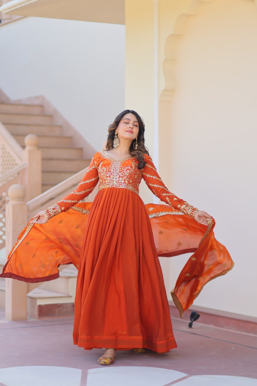 Occasion Wear Fanta Color Zari And Sequins Embroidered Work Designer Gown