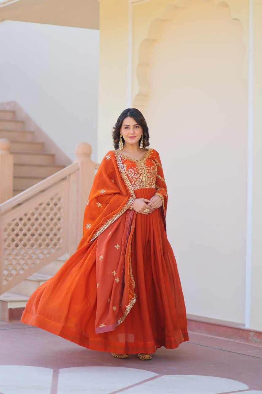 Occasion Wear Fanta Color Zari And Sequins Embroidered Work Designer Gown