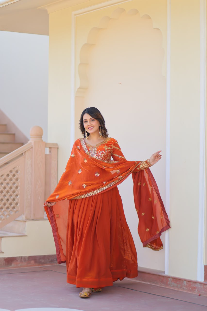 Occasion Wear Fanta Color Zari And Sequins Embroidered Work Designer Gown