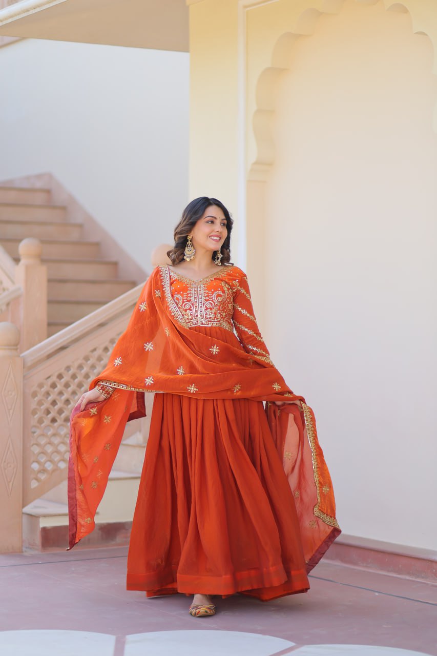 Occasion Wear Fanta Color Zari And Sequins Embroidered Work Designer Gown