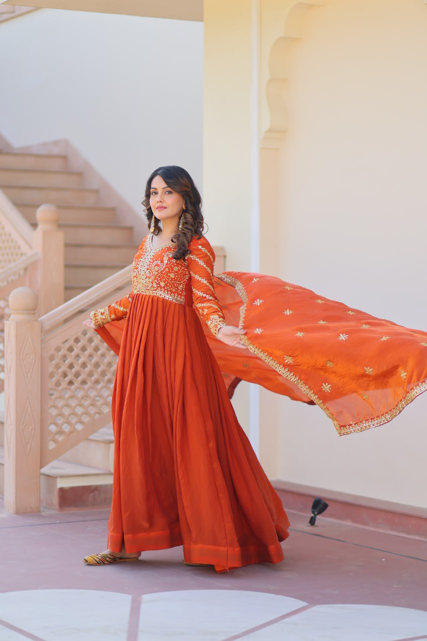 Occasion Wear Fanta Color Zari And Sequins Embroidered Work Designer Gown