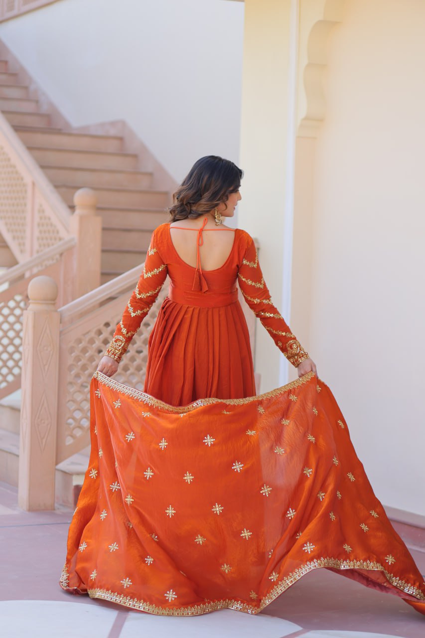 Occasion Wear Fanta Color Zari And Sequins Embroidered Work Designer Gown