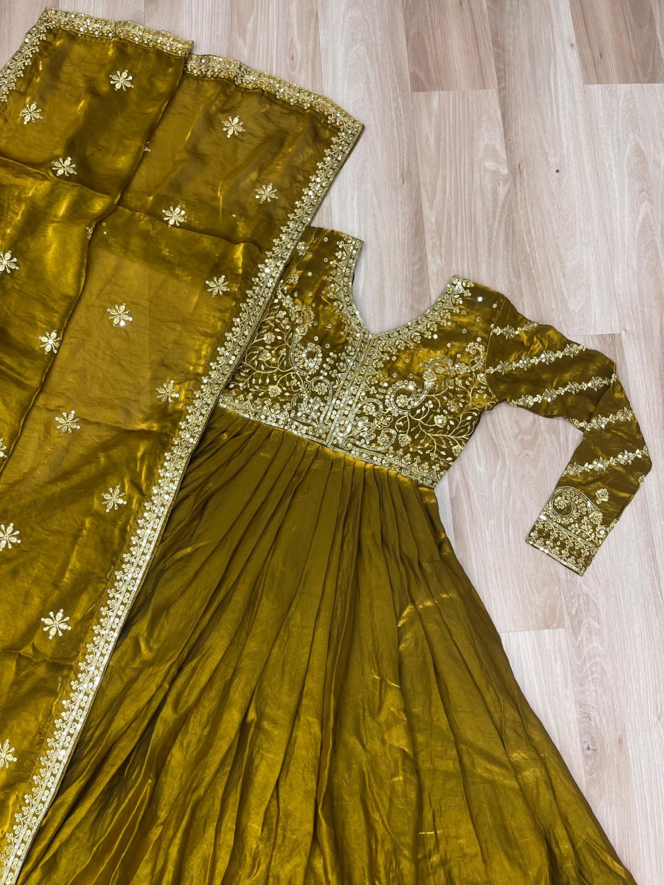 Occasion Wear Mahendi Color Zari And Sequins Embroidered Work Designer Gown
