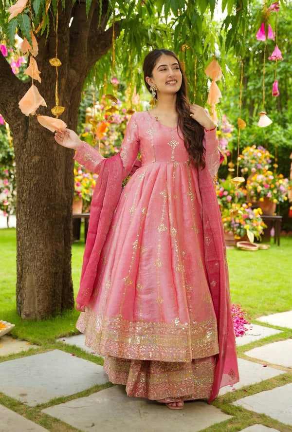 Wedding Wear Peach Color Embroidery Ready To Wear Anarkali Suit