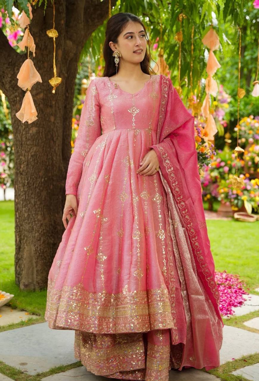 Wedding Wear Peach Color Embroidery Ready To Wear Anarkali Suit