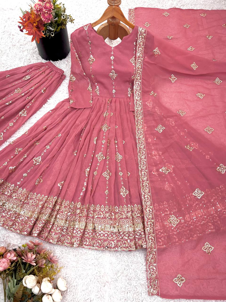 Wedding Wear Peach Color Embroidery Ready To Wear Anarkali Suit