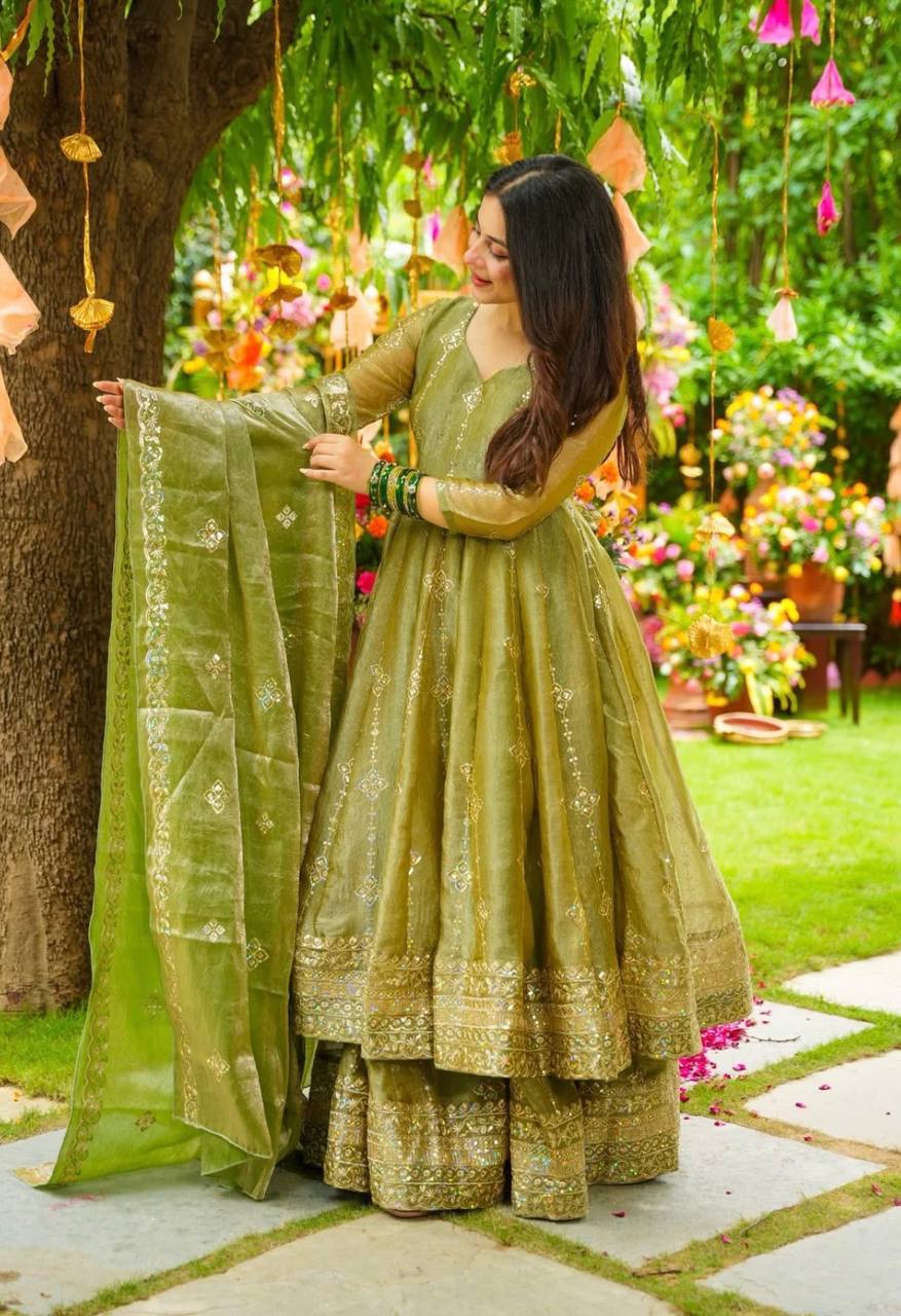 Party Wear Green Color Embroidery Ready To Wear Anarkali Suit