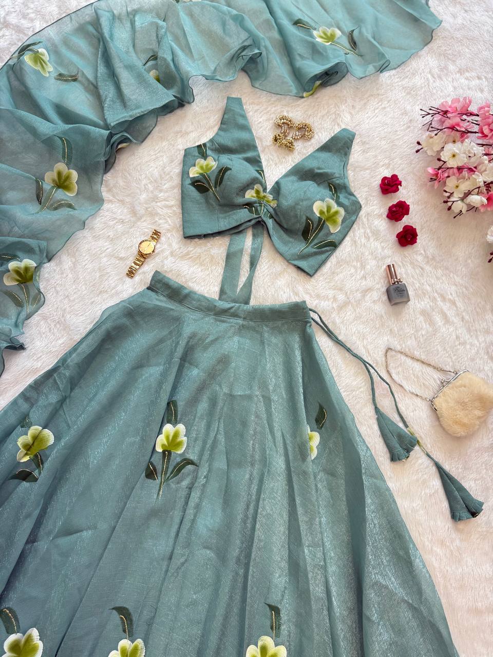 Festive Wear Sky Green Color Fandy Crush Handpaint Lehenga Set