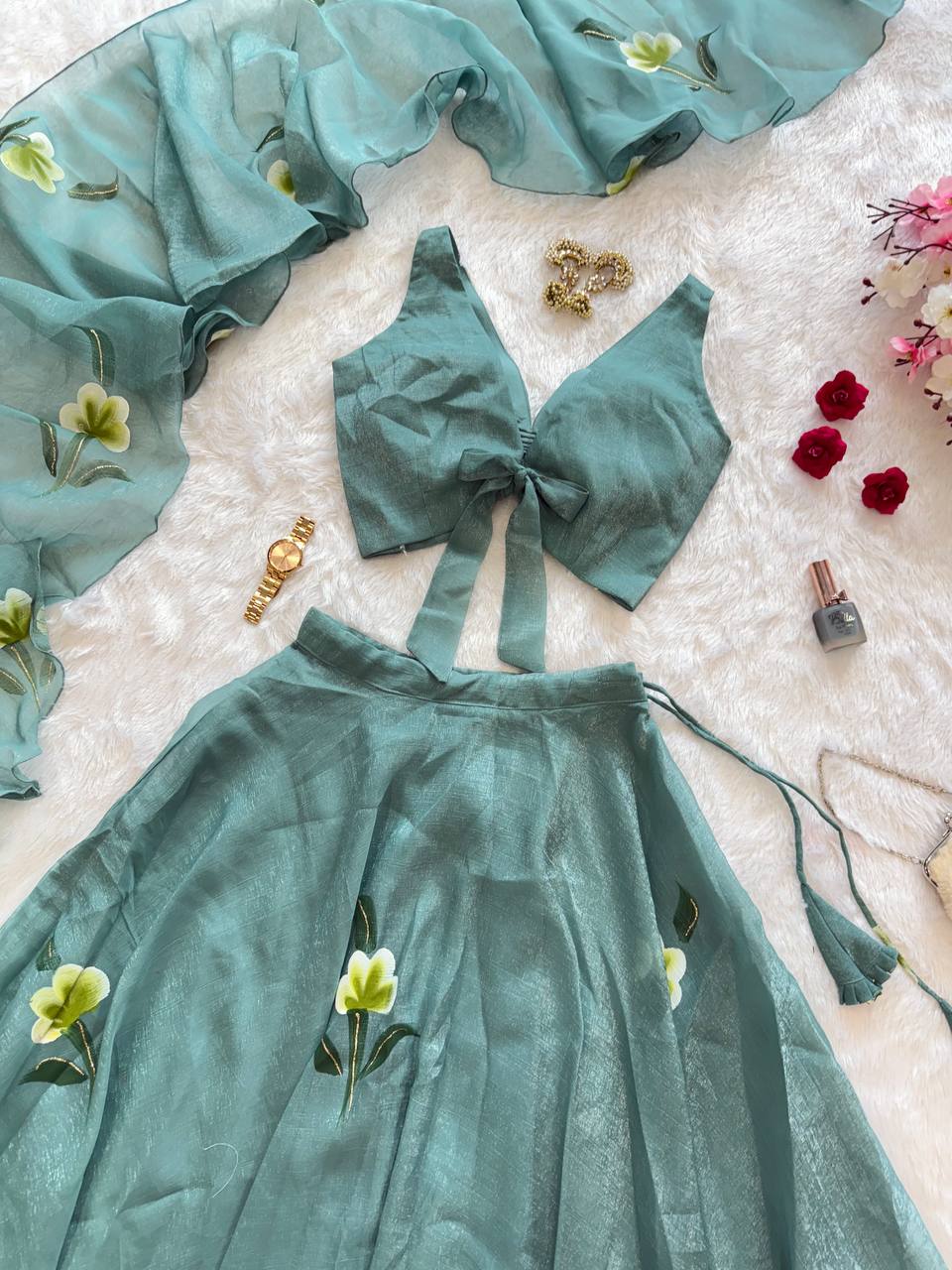 Festive Wear Sky Green Color Fandy Crush Handpaint Lehenga Set