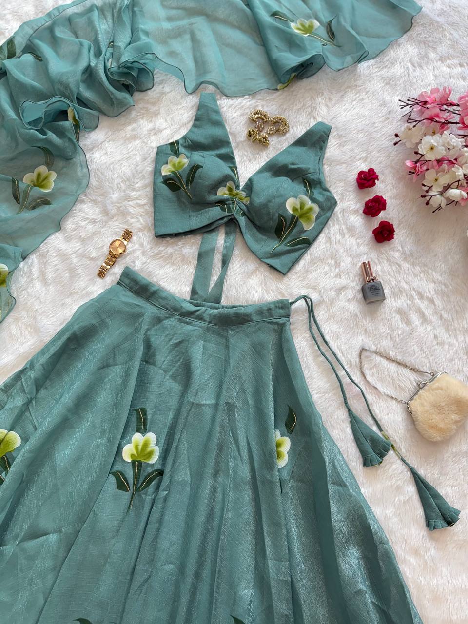 Festive Wear Sky Green Color Fandy Crush Handpaint Lehenga Set