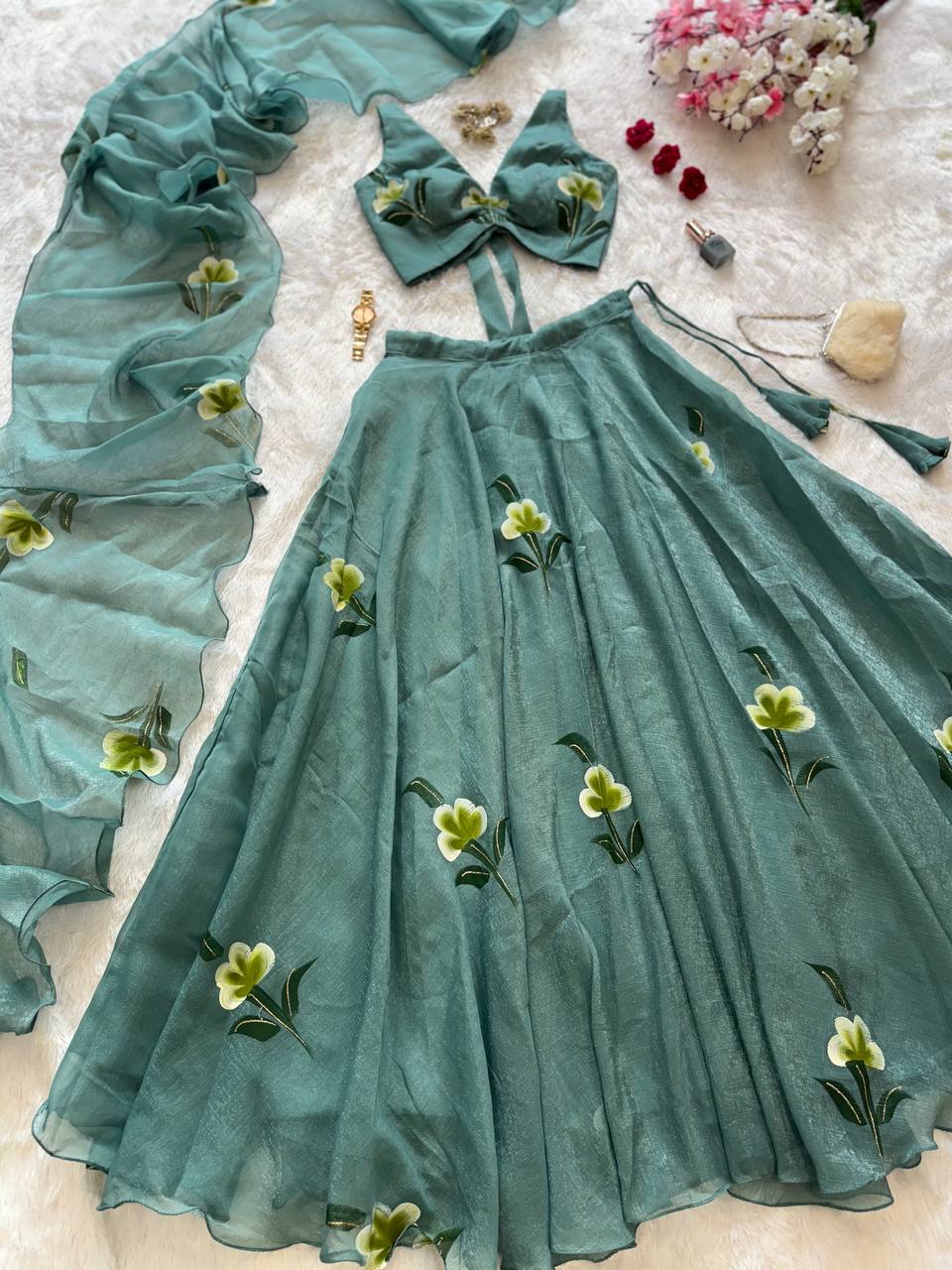 Festive Wear Sky Green Color Fandy Crush Handpaint Lehenga Set