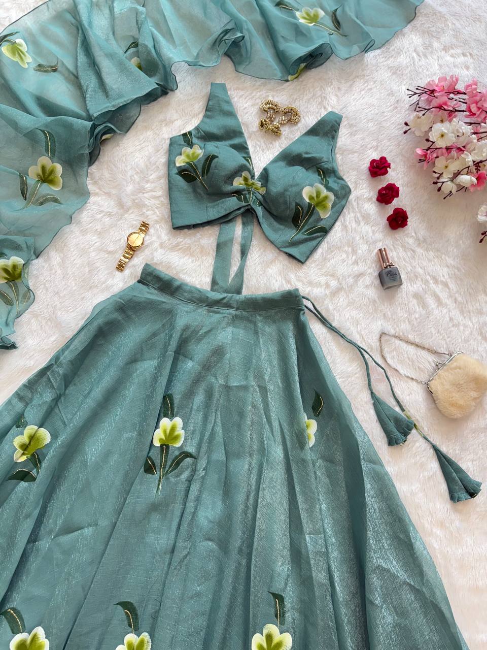 Festive Wear Sky Green Color Fandy Crush Handpaint Lehenga Set