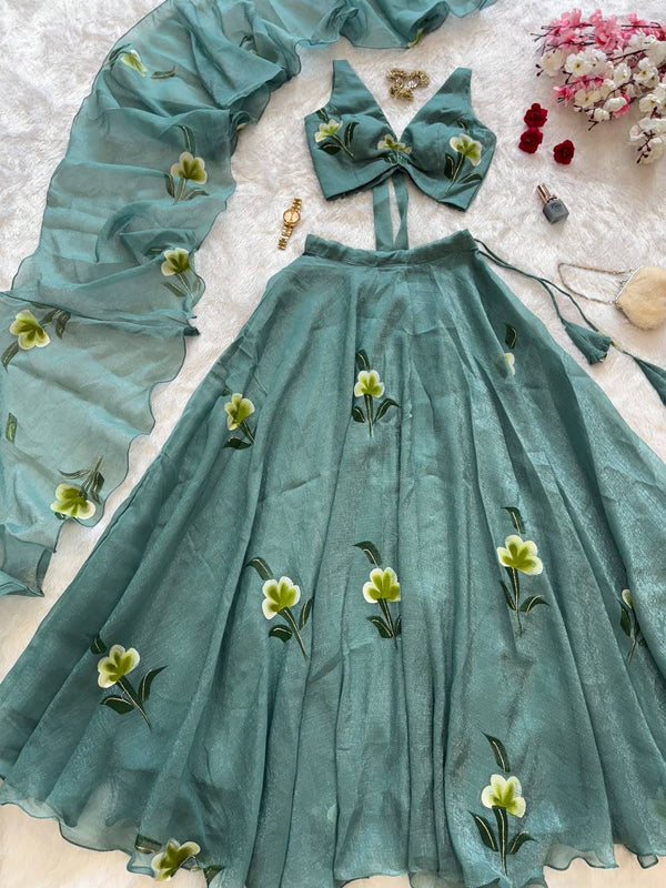 Festive Wear Sky Green Color Fandy Crush Handpaint Lehenga Set