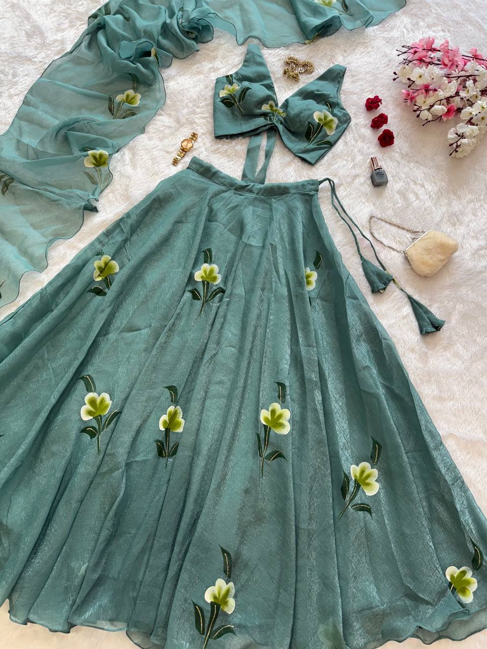 Festive Wear Sky Green Color Fandy Crush Handpaint Lehenga Set