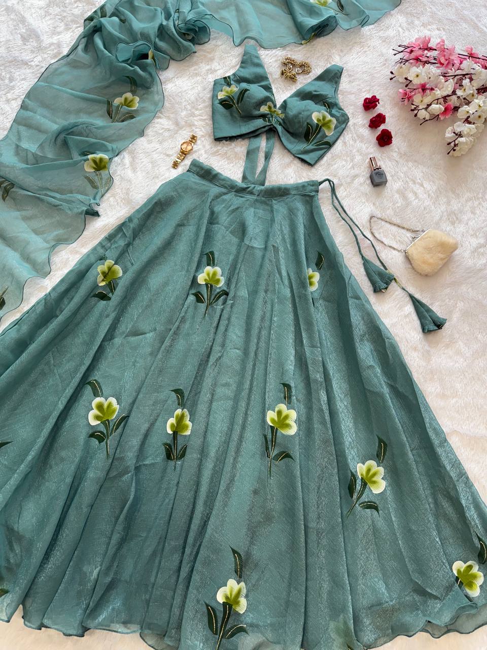Festive Wear Sky Green Color Fandy Crush Handpaint Lehenga Set