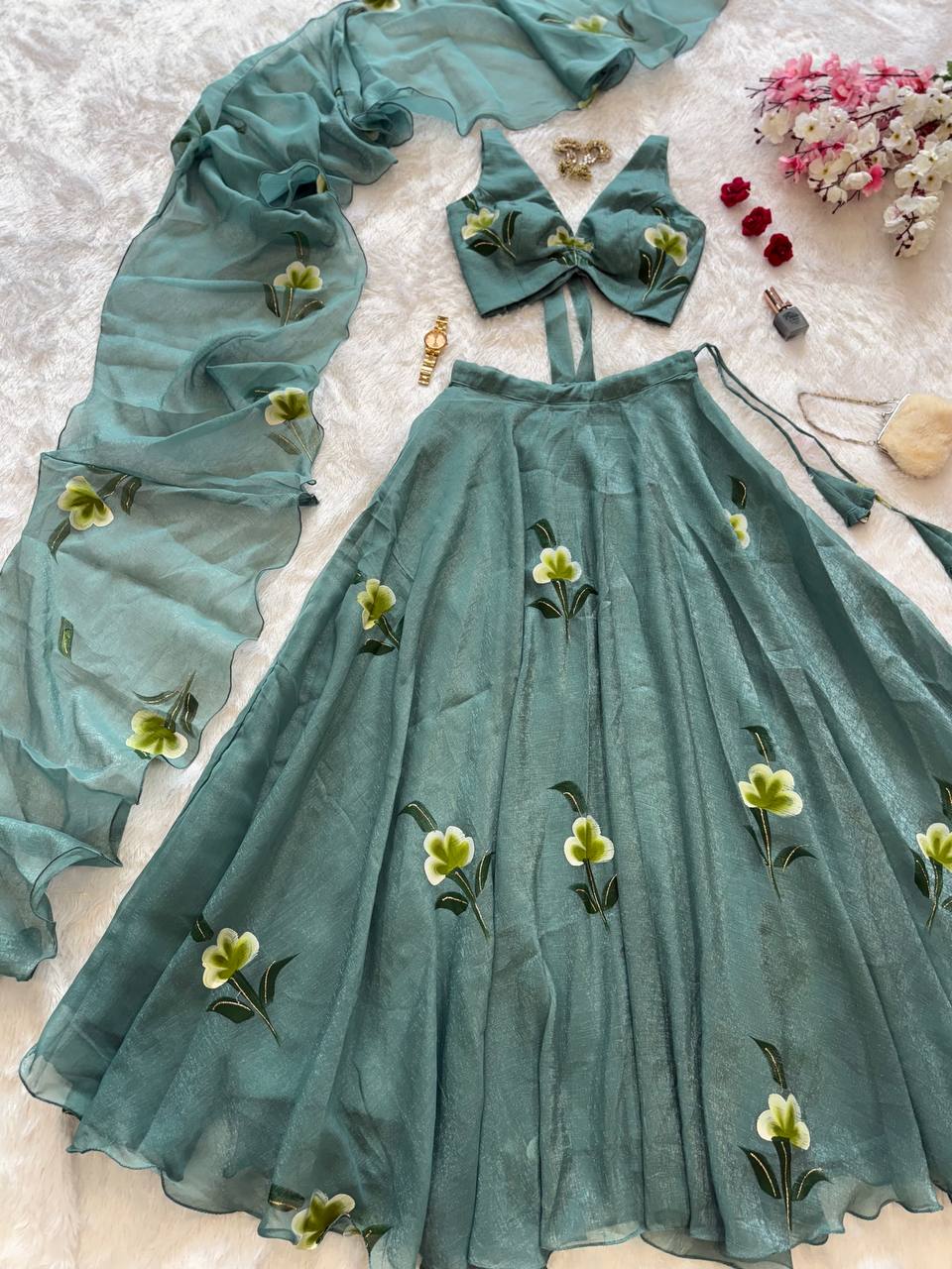 Festive Wear Sky Green Color Fandy Crush Handpaint Lehenga Set
