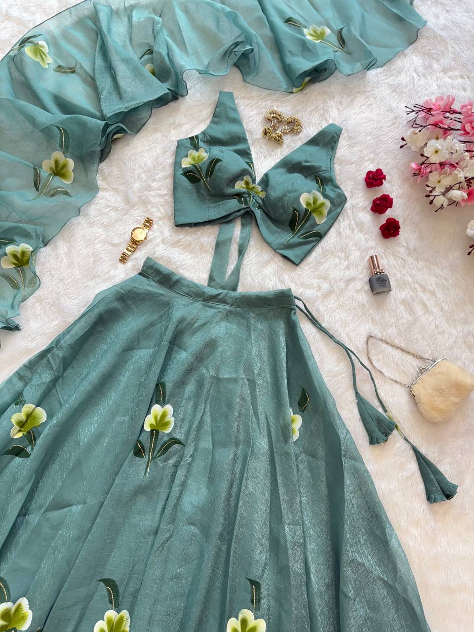 Festive Wear Sky Green Color Fandy Crush Handpaint Lehenga Set