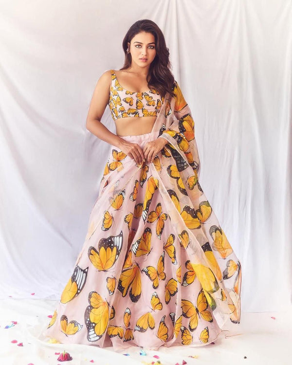 Reception Wear Yellow Color Pure Organza Silk Digital Printed Designer Lehenga Choli