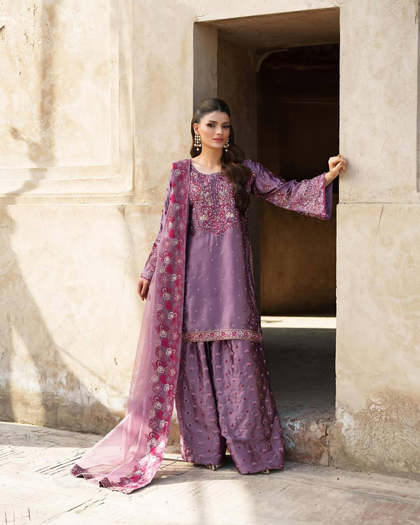 Alluring Lavender Color Heavy Faux Georgette With Embroidery Sequence Work Sharara Suit