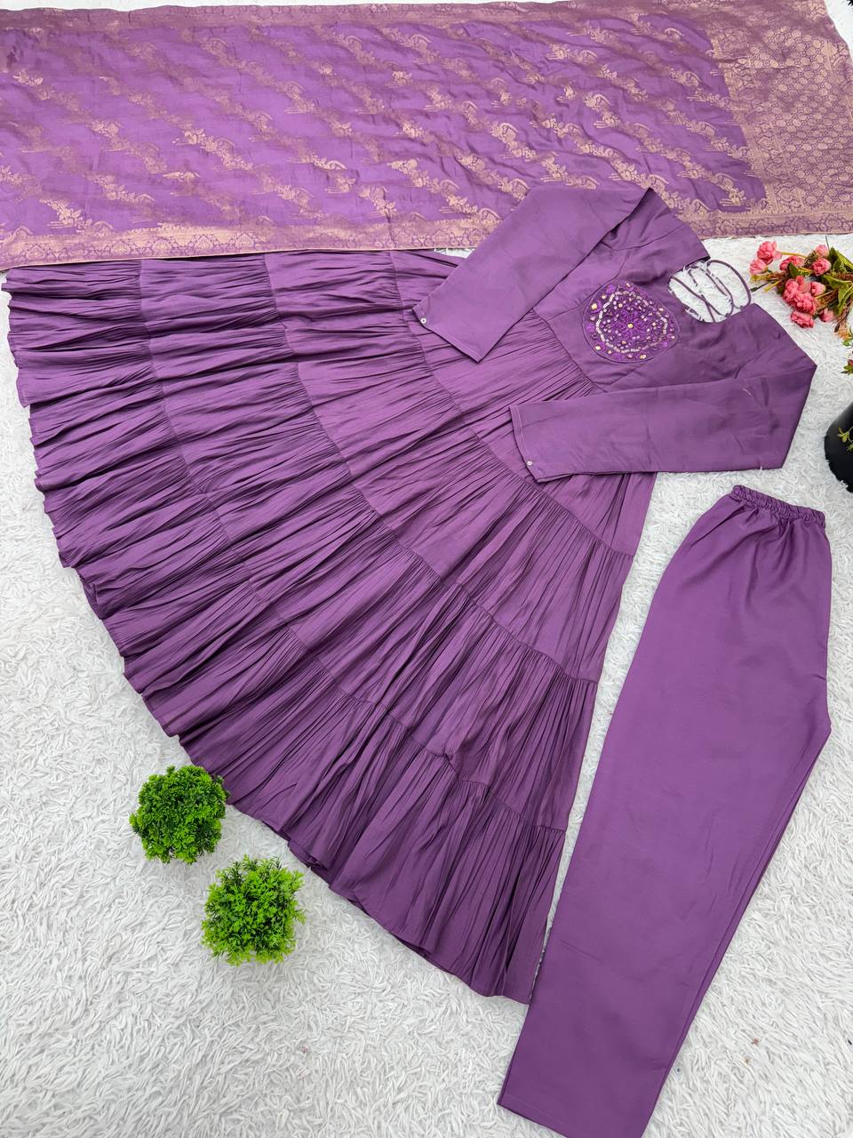 Occasion Wear Purple Color Heavy Embroidery Sequence Work Gown With Dupatta